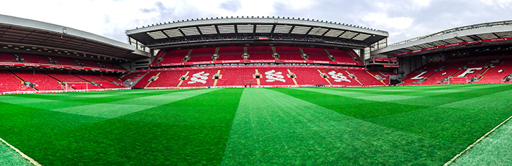 Anfield stadium pre match. Seats are empty and grass is fine. Anticipatin is high ahead of the upcoming match vs. Everton.