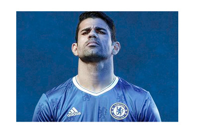 Diego Costa models the 2016/17 Chelsea FC jersey. Adidas ad.