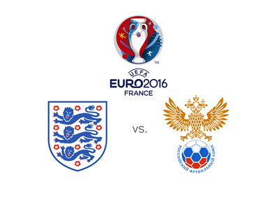 Matchup between England and Russia in the group stage of the Euro 2016 tournament in France - Odds and favourites - Team badges - Tournament logo