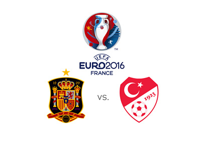 The UEFA EURO 2016 tournament - Spain vs. Turkey - Group stage - Logo and crests.