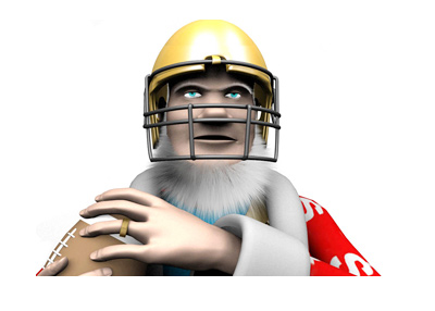 The King has a very serious look on his face. Helmet on. Football in hand.