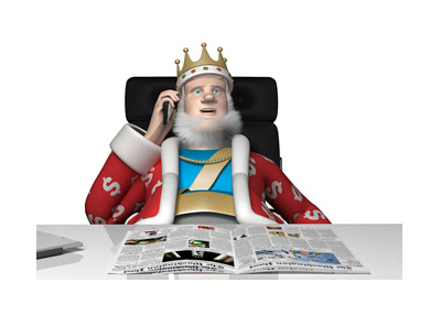 The King is sitting at his office desk and talking on his cellphone. Receiving the latest news from the Australian Open 2017.