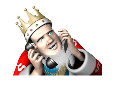 The King is playing a bookie role. On two old-school telephones in the same time. Making deals.