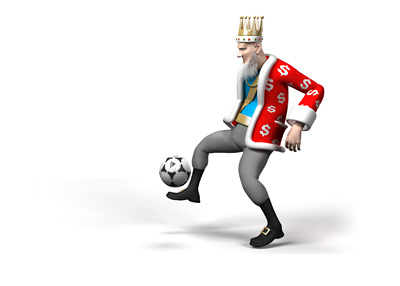 The King is juggling the soccer ball. Full attention and focus.