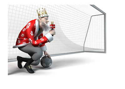 The King is doing a Europa League report while sitting in front of a goal with a ball.