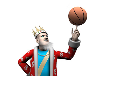 The King is spinning a basketball on his index finger.