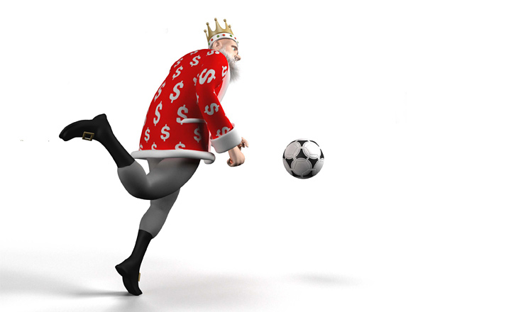 The Sports King is about to hit the ball with his right foot. Frogview camera shot.