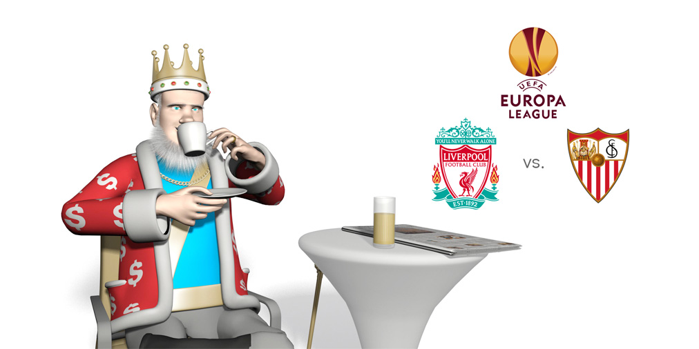 While relaxing in the cafe and enjoying the sunshine, the King is reviewing the upcoming 2015/16 Europa League final match between Liverpool and Sevilla