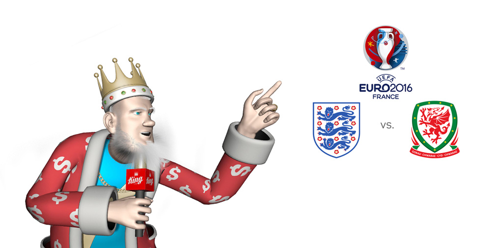 The Sports King presents the matchup of the day at Euro 2016 France - England vs. Wales - Tournament logo, team crests and winning odds