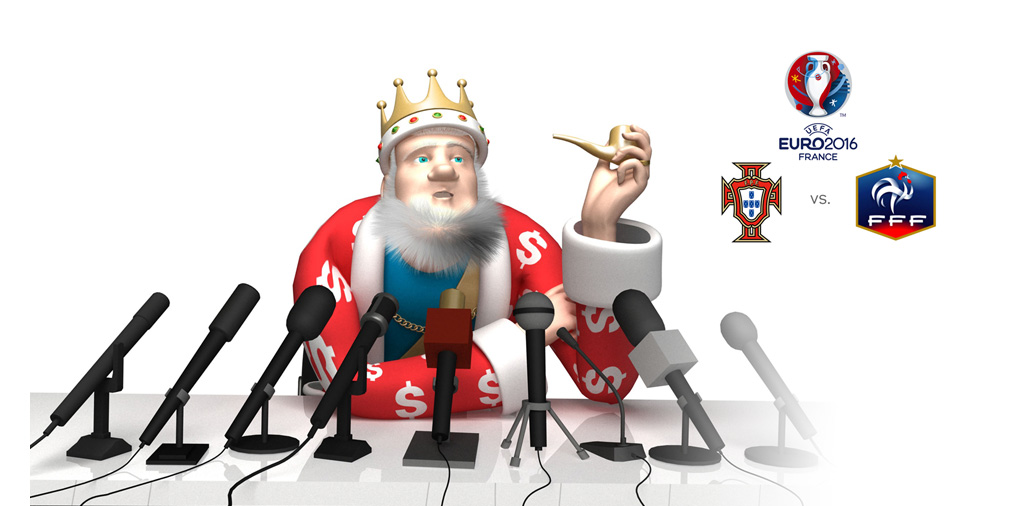 The King is presenting the upcoming UEFA EURO 2016 tournament final between Portugal and the host nation France. The pipe is being smoked during the report.