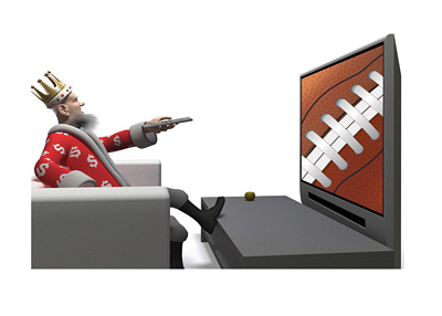 The Sports King is sitting down and watching NFL football on TV