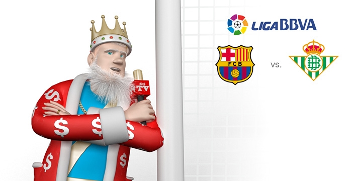 The King is standing next to a goal post and talking about the upcoming match between Barcelona and Real Betis in the opening round of the 2016/17 La Liga season