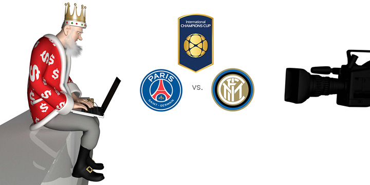 The King is sitting on the studio desk with his laptop going over the upcoming 2016 International Champions Cup match between Paris Saint-Germain and Inter Milan. The Camera is on.
