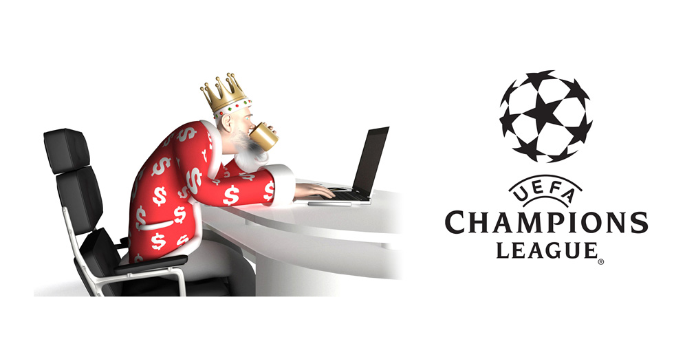 The King is going over the latest odds for the 2015/16 UEFA Champions League.  Sitting in his office, drinking from the golden mug and surfing the net on the laptop
