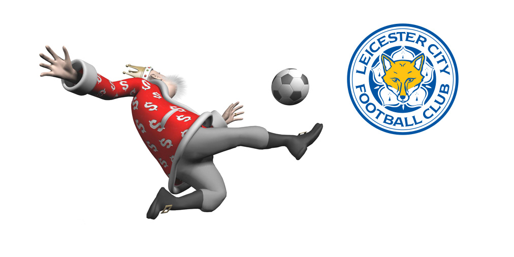 The King is in the middle of a volley next to the Leicester City FC logo