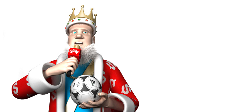 The King has a soccer ball in one hand and a mic in the other. The report is on the upcoming match between Watford and Manchester United