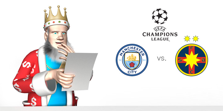 The King, with his hand over his mouth, is going over the upcoming match between Manchester City and Steaua Bucharest coming up in the Champions League.