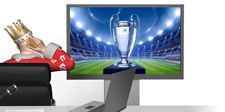 The King is on the (gold) cellphone receiving the latest odds for the upcoming 2016/17 UEFA Champions League season - Group stage - Tournament graphic is on the studio tv