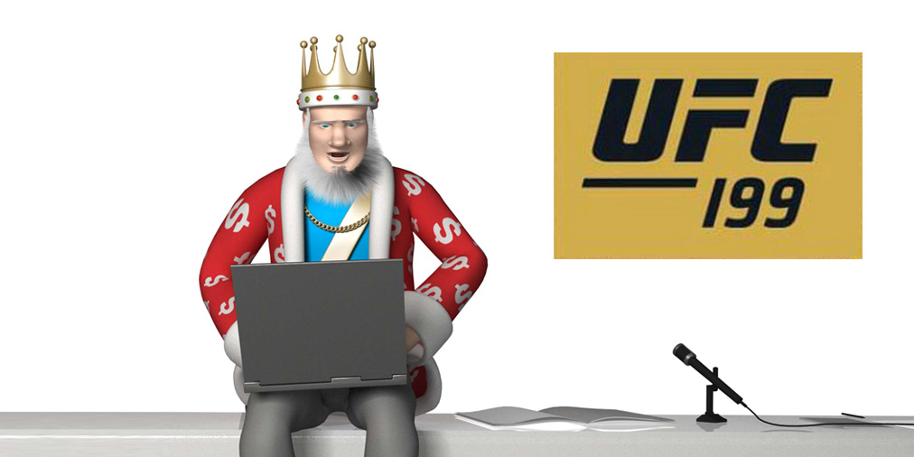 The King is talking about the upcoming UFC 199 event featuring Luke Rockhold and Michael Bisping - Event logo is in the background