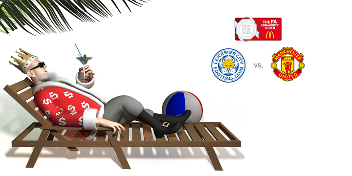 The King is relaxing in his beach chair under a palm tree and talking about the upcoming FA Community Shield match between Leicester and Manchester United. It is year 2016