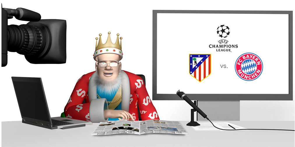 The King is doing a report from his studio about the upcoming UEFA Champions League match between Atletico Madrid and Bayern Munich taking place at Estadio Vicente Calderon in Madrid