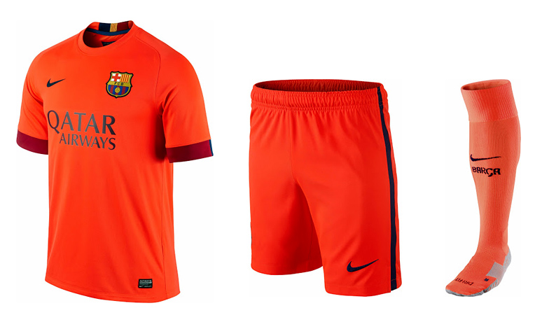 All orange - Barcelona FC 2014/15 season away kit - shirt, shorts and socks