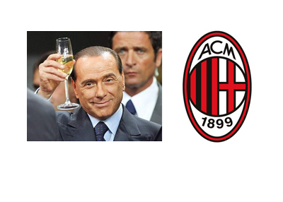 Silvio Berlusconi toasting next to AC Milan logo - Composite