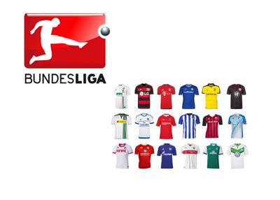 Bundesliga logo and 2015/16 season team home kits