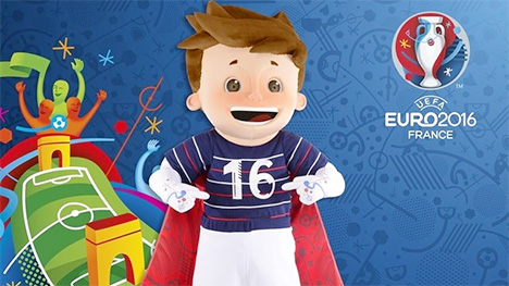 UEFA Euro 2016 France Mascot - Superhero Boy with Cape - Driblou - Goalix - Super Victor - Blue background - Logo