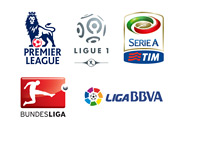 The Logos of top European football associations - English Premier League, Spanish La Liga, German Bundesliga, French Ligue 1 and the Italian Serie A