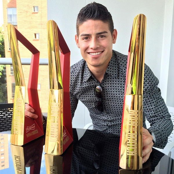 James Rodriguez pictured with three Budweiser man of the match trophies from the 2014 FIFA World Cup