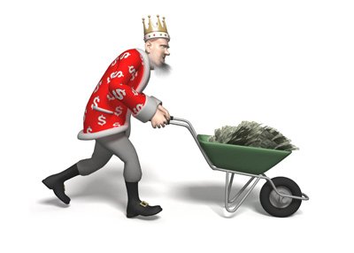 The Football King is transporting a large quantity of money in a wheelbarrow.