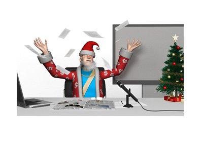 The King is in his office celebrating the season. Throwing papers in the air. Mini Xmas tree is on the desk.
