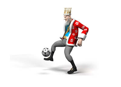 The King is juggling the ball with his right foot.