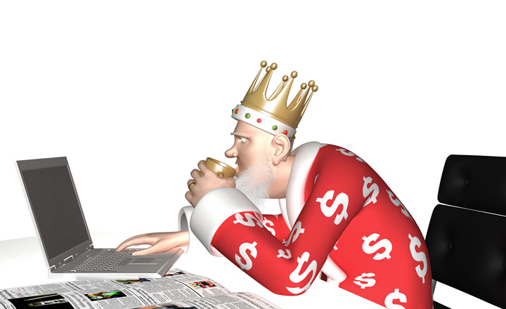 The King is sitting at his desk and reading the latest news. He is drinking out of a gold mug and leaning towards the laptop. All in 3D.