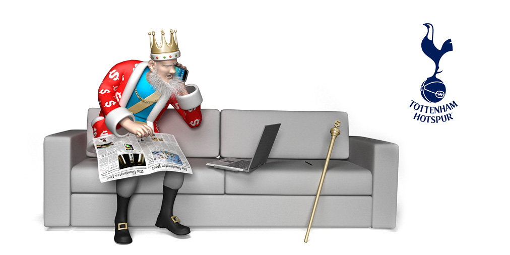 The King is sitting on the couch with a cellphone in his hand and laptop on the pillow. Discussing the latest transfer by Tottenham Hotspur. Vincent Janssen is coming to town.