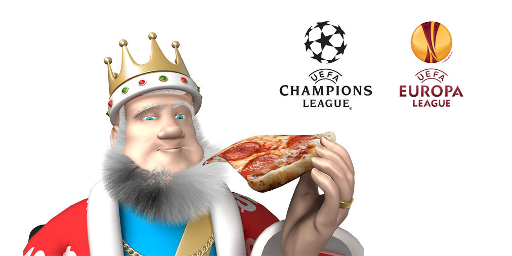 The King is enjoying a slice of pizza while discussing the semi-final matches of the 2015/16 UEFA Champions League and UEFA Europa League