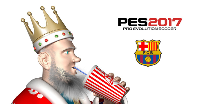 The King is having a sip of coke from a paper cup while pondering the Konami PES 2017 release and their new partnership with Barcelona FC