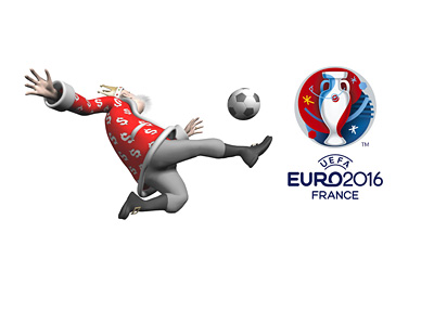 The Football King is in the middle of a scissor kick next to the EURO 2016 tournament logo