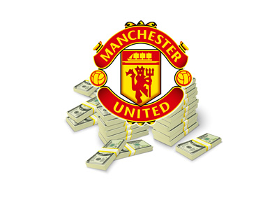 The Manchester United logo sitting on a pile of cash. Illustration / concept