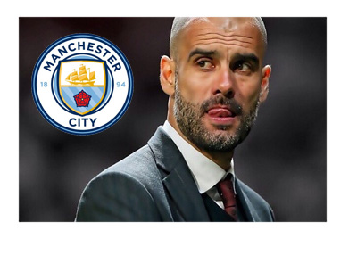 Pep Guardiola archive photo next to the new Manchester City FC logo (2016/17)