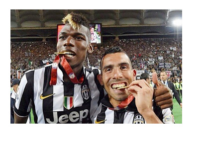 Paul Pogba and Carlos Tevez - Copa Italia 2015 Celebration - Chewing on Gold Medals - Photo - Pogba Instagram Account