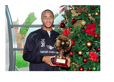 Raheem Sterling Instagram photo with Golden Boy 2014 award - Next to a xmas tree