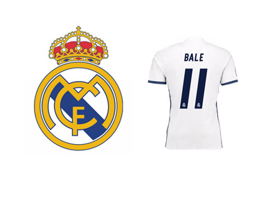 The Real Madrid logo next to the Gareth Bale #11 jersey - Season 2016/17 - Home - White