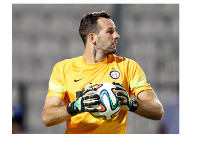 Samir Handanovic in Inter Milan Yellow Jersey - About to throw the Brazuca ball