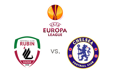 UEFA Europa League matchup - Rubin Kazan vs. Chelsea FC - Team and tournament logos - Matchup