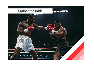 Illustration of Buster Douglas in white trunks throwing a left jab at Mike Tyson during their 1990 heavyweight title fight in Tokyo.