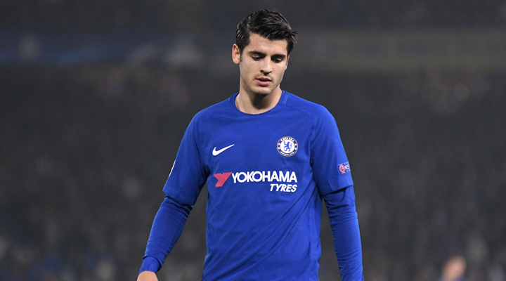 Chelsea FC striker, Alvaro Morata wearing the home colours.