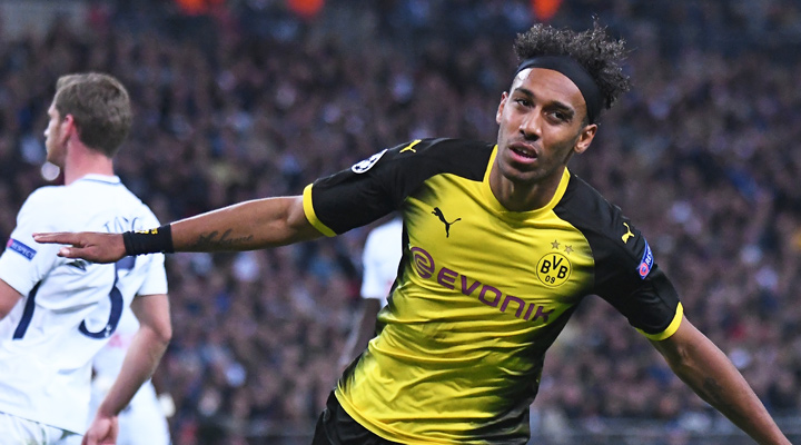 Borussia Dortmund striker, Pierre-Emerick Aubameyang, celebrating a goal in the UEFA Champions League vs. Spurs. Next up, Europa League.