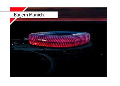 The birds eye view of the Allianz Arena in Munich, home of Bayern.  The year is 2018.  Night shot.  Beautiful.